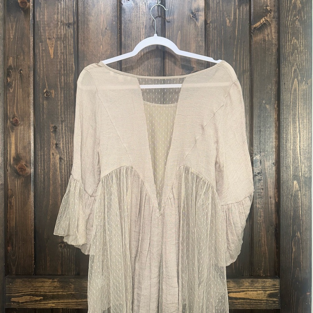 Rebellion Tan Blouse with Flutter Sleeves and Ruffled Details - Picture 2 of 2